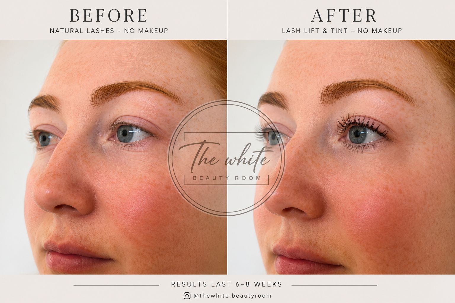 Lash lift and tint before and after on natural lashes — results last 6–8 weeks